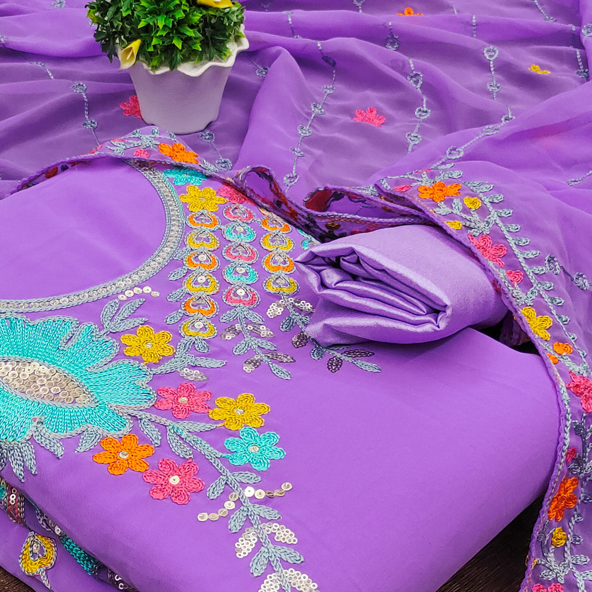 Lavender Floral Sequins Embroidered Georgette Dress Material