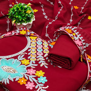 Maroon Floral Sequins Embroidered Georgette Dress Material
