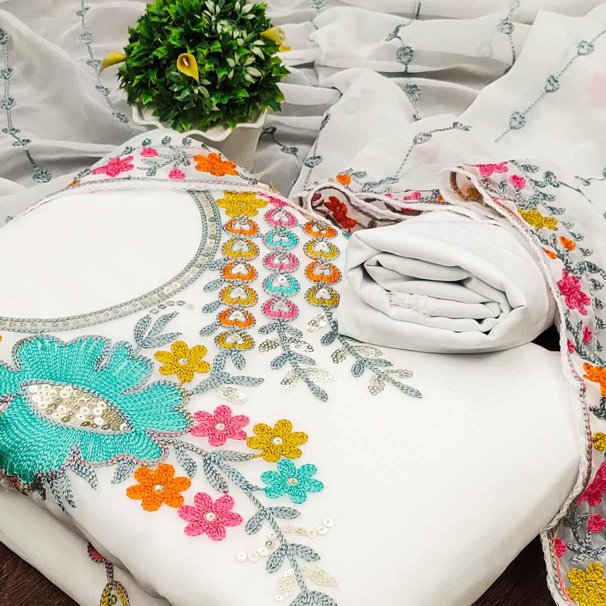 White Floral Sequins Embroidered Georgette Dress Material