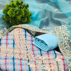 Blue Digital Printed Organza Dress Material