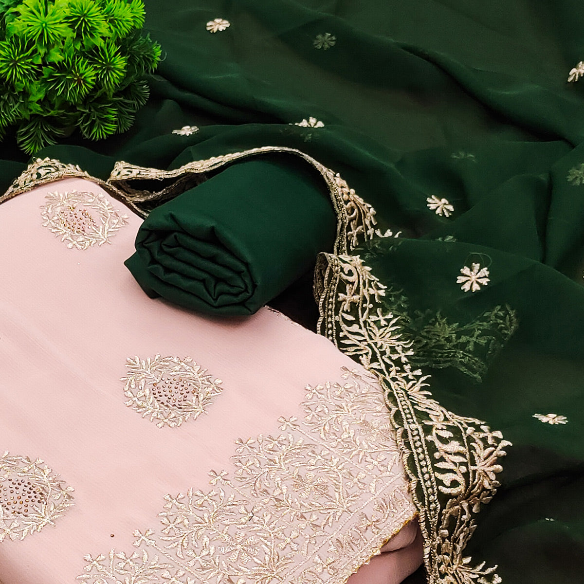 Pink Floral Embroidered Silk Dress Material