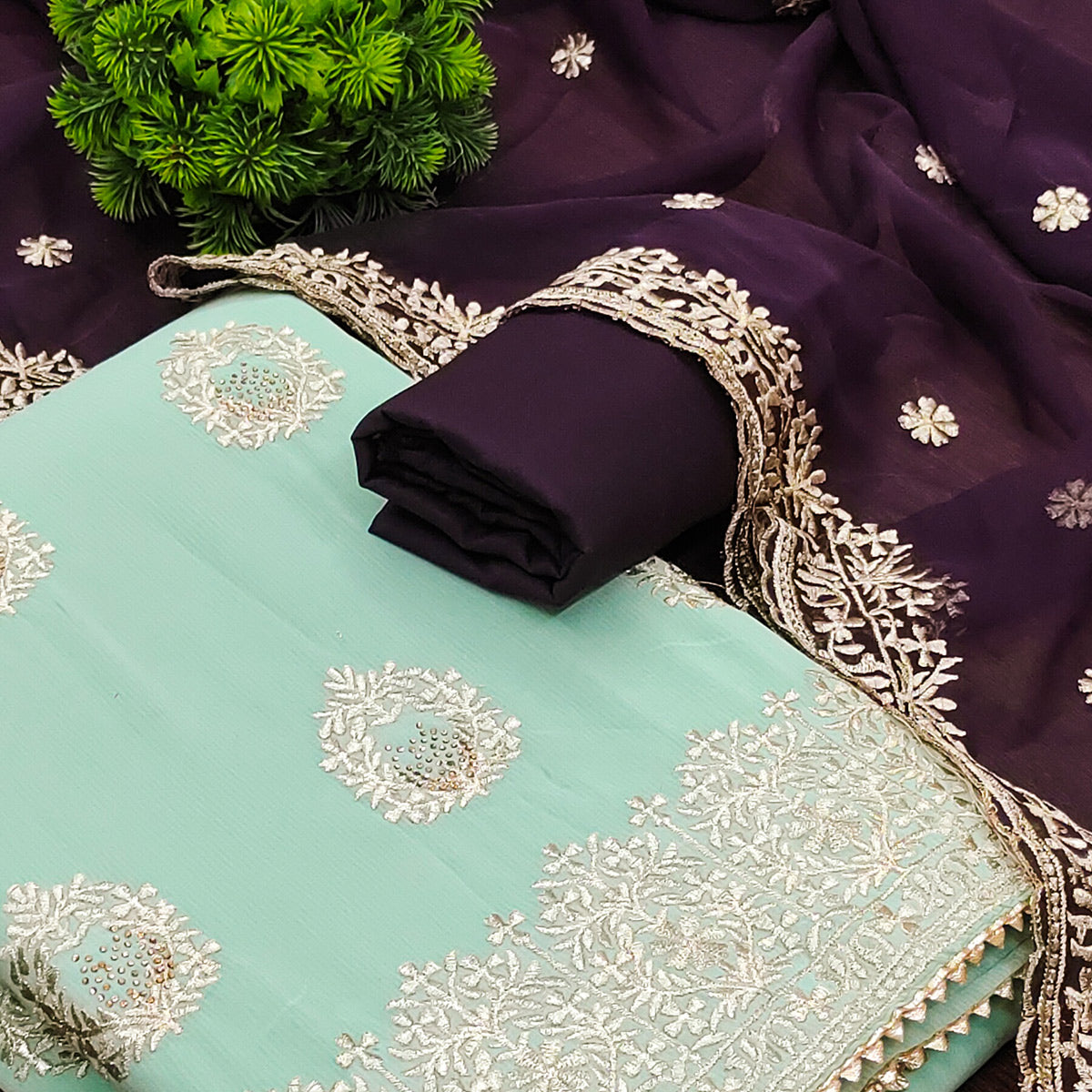 Sea Green Floral Embroidered Silk Dress Material