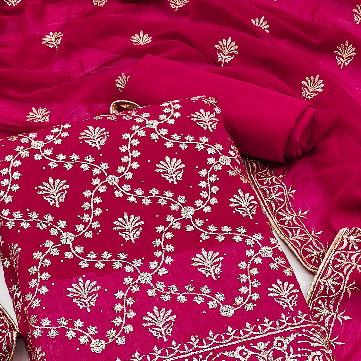 Rani Pink Floral Embroidered Georgette Dress Material