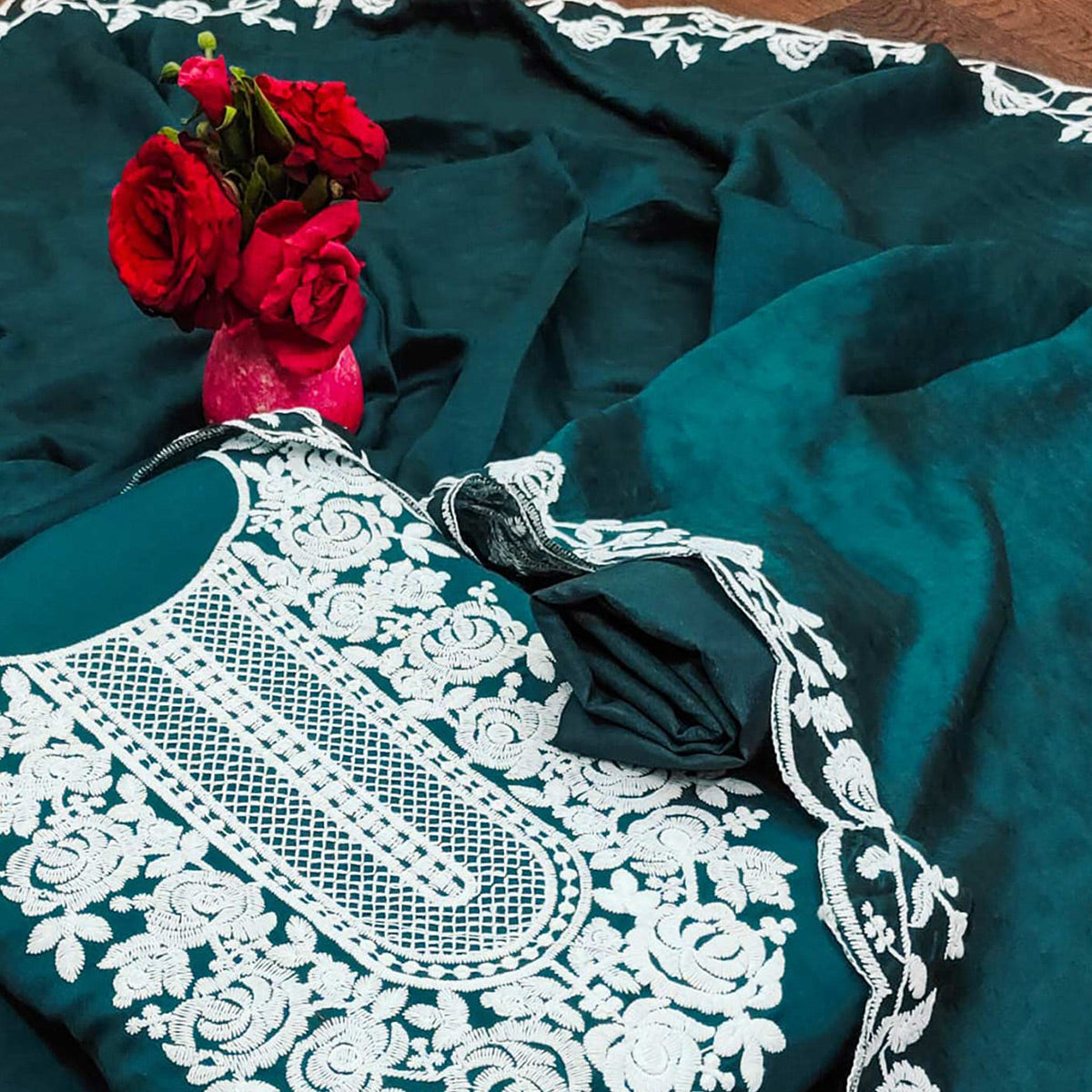 Morpich Floral Embroidered Chanderi Dress Material