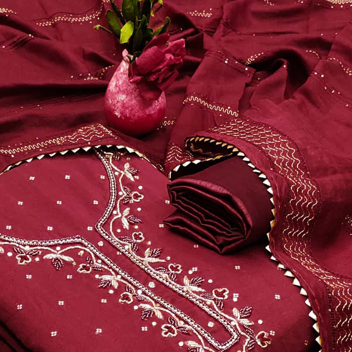 Maroon Butti With Hand Embroidered Jacquard Dress Material