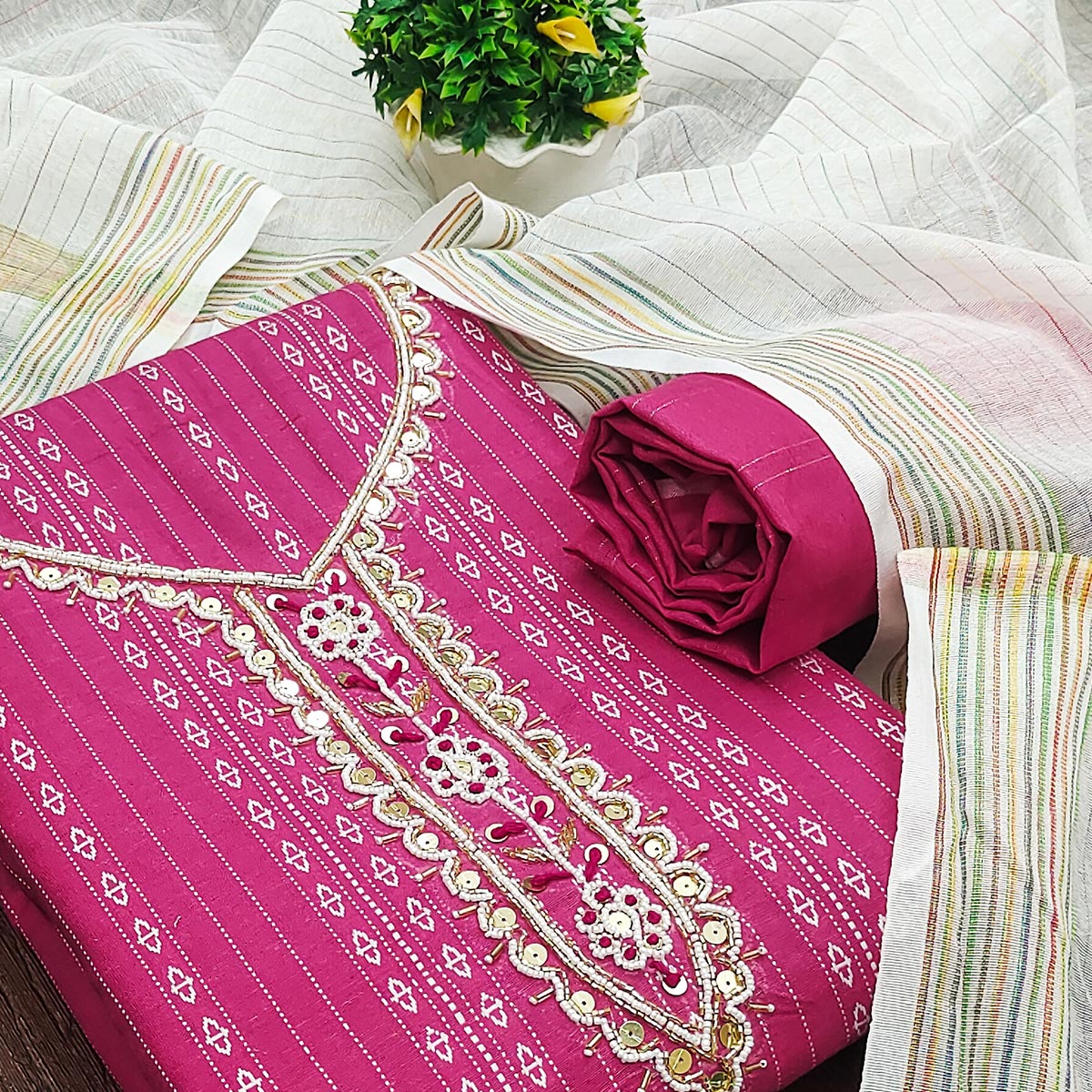 Pink Woven With Handwork Cotton Blend Dress Material