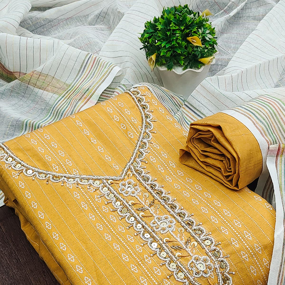 Yellow Woven With Handwork Cotton Blend Dress Material