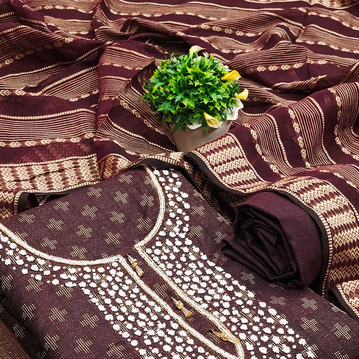 Wine Woven With Handwork Cotton Blend Dress Material