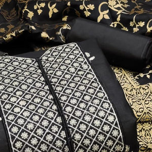 Black Floral Embroidered Cotton Blend Dress Material