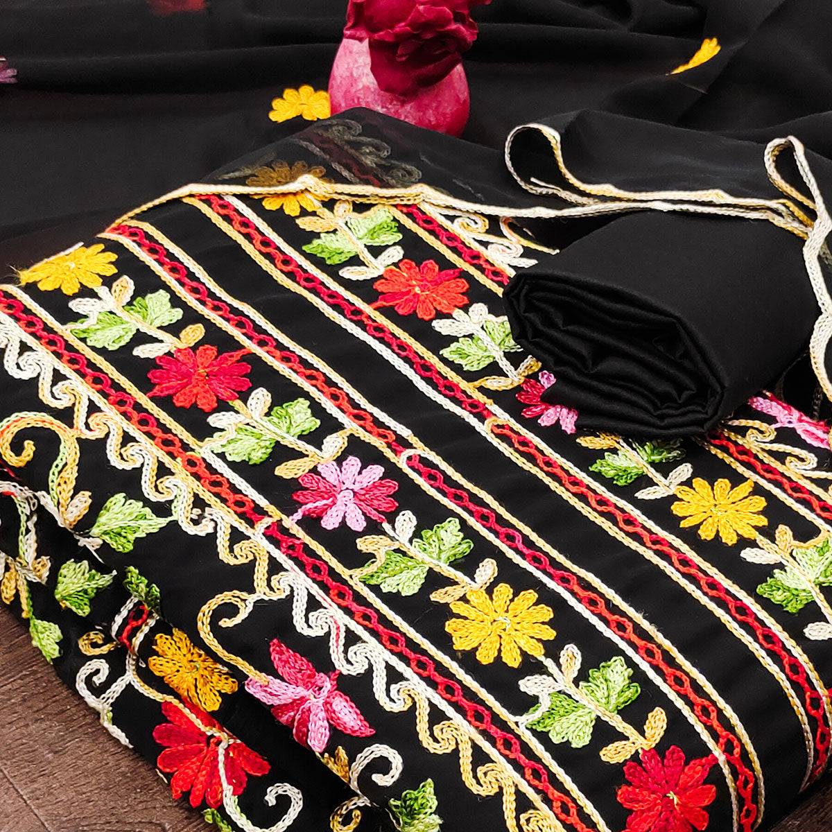 Black Floral Embroidered Georgette Dress Material
