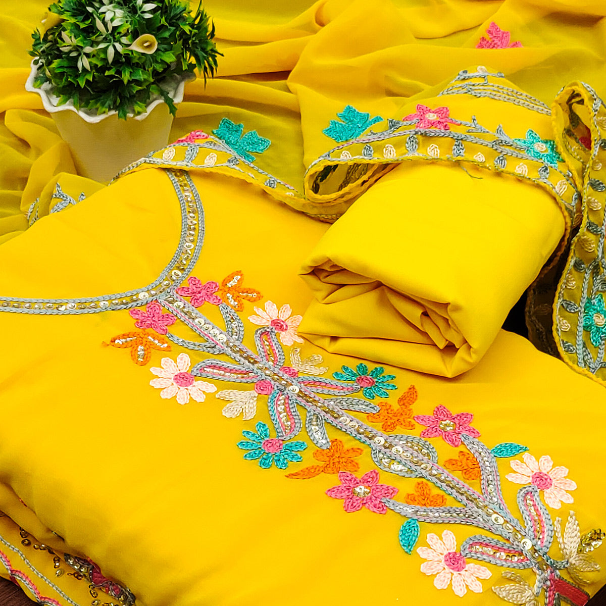 Yellow Floral Sequins Embroidered Georgette Dress Material