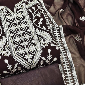 Coffee Brown Floral Sequins Embroidered Georgette Dress Material