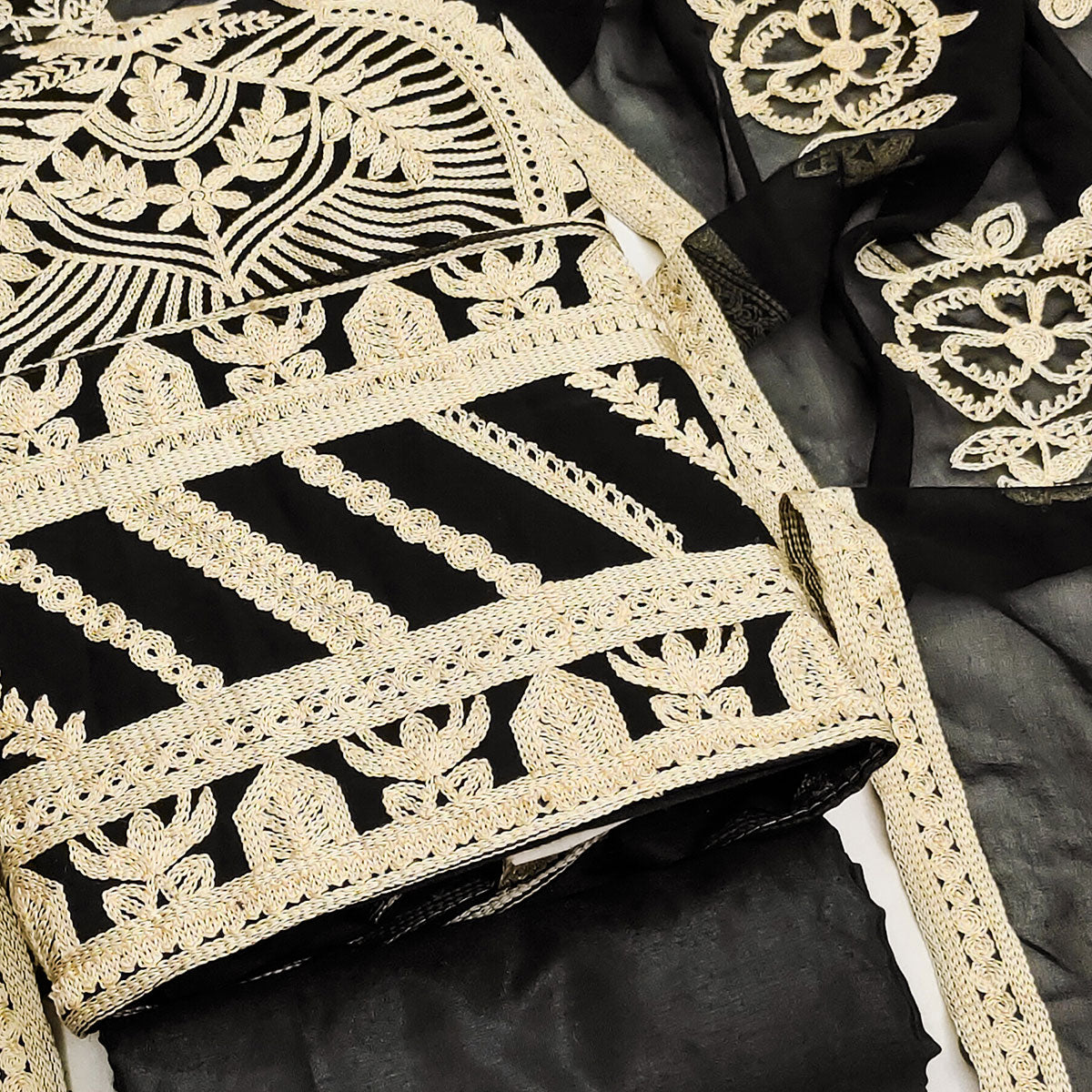 Black Floral Embroidered Georgette Dress Material