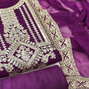 Purple Floral Sequins Embroidered Georgette Dress Material