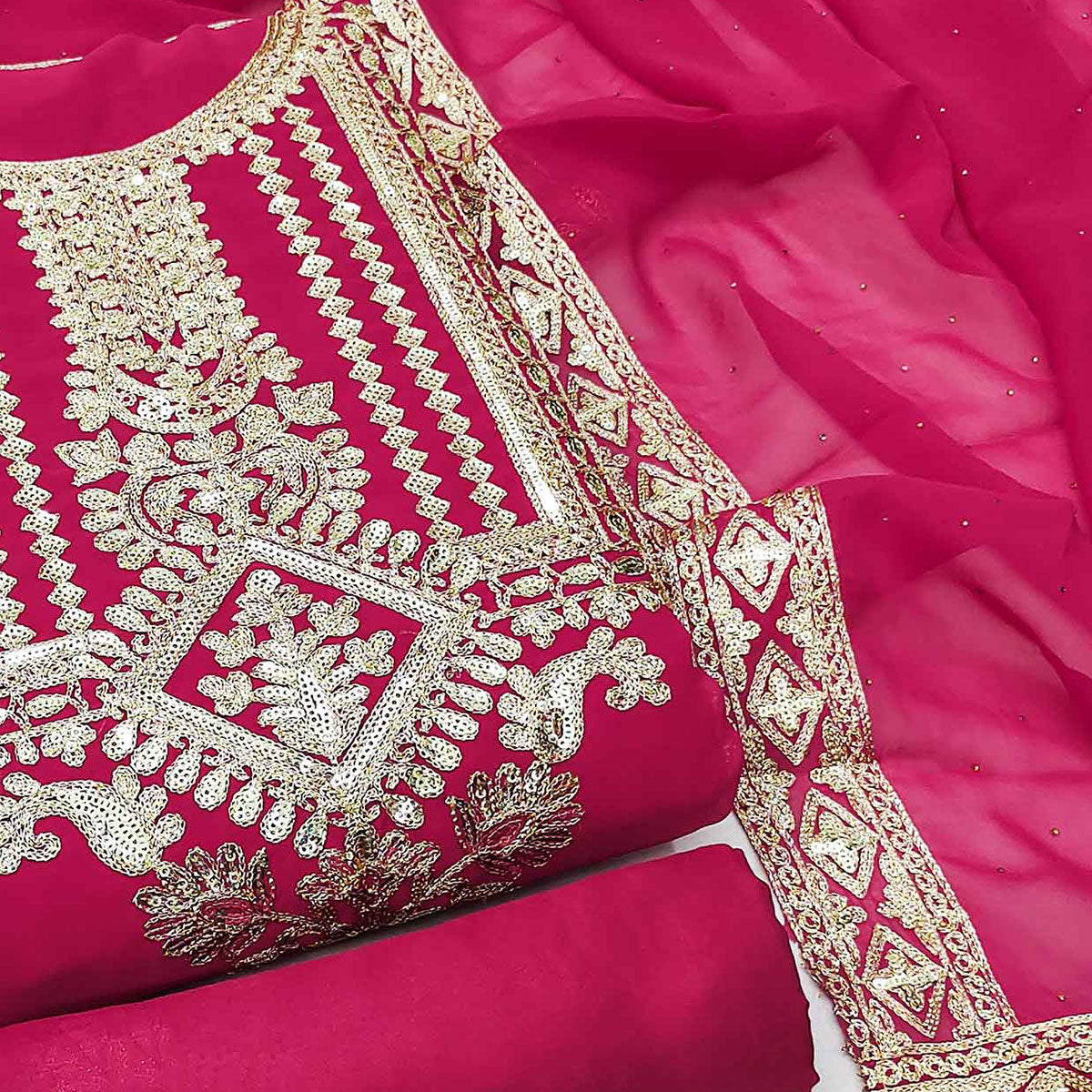 Rani Pink Floral Sequins Embroidered Georgette Dress Material