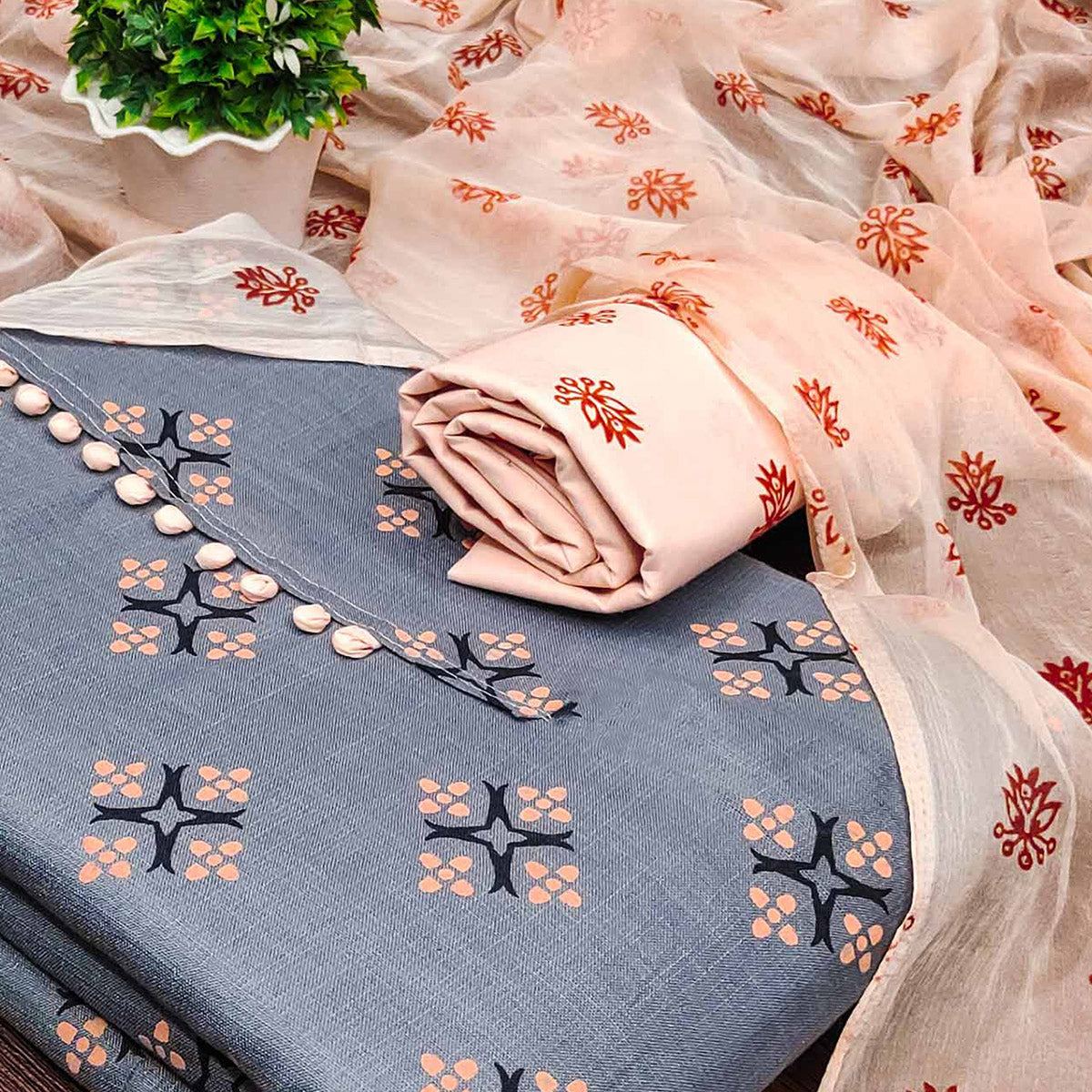 Grey & Peach Floral Printed Cotton Blend Dress Material