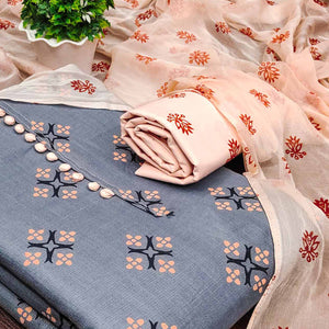 Grey & Peach Floral Printed Cotton Blend Dress Material
