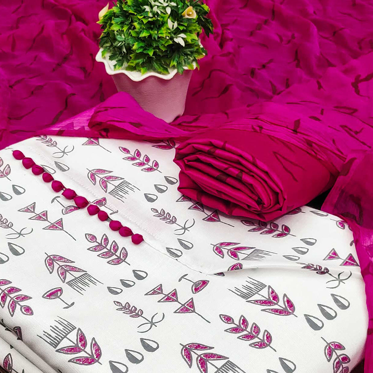 White & Rani Pink Floral Printed Cotton Blend Dress Material