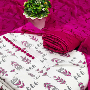 White & Rani Pink Floral Printed Cotton Blend Dress Material