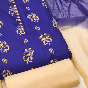 Royal Blue Floral Foil Printed Cotton Blend Dress Material