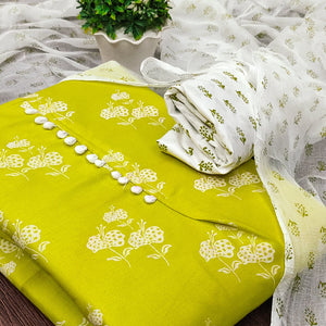 Green Cotton Blend Floral Printed Dress Material