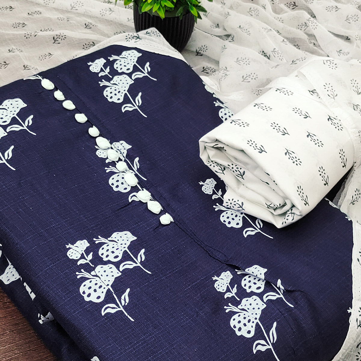 Navy Blue Cotton Blend Fabric Featuring Subtle and Elegant Floral Prints