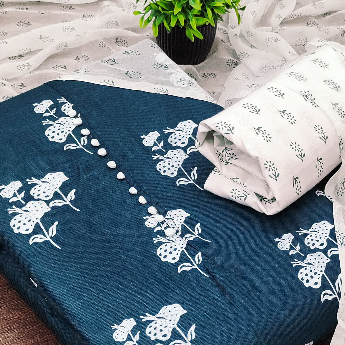 Teal Cotton Blend Fabric Featuring Subtle and Elegant Floral Prints
