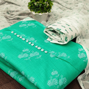 Turquoise Cotton Blend Floral Printed Dress Material