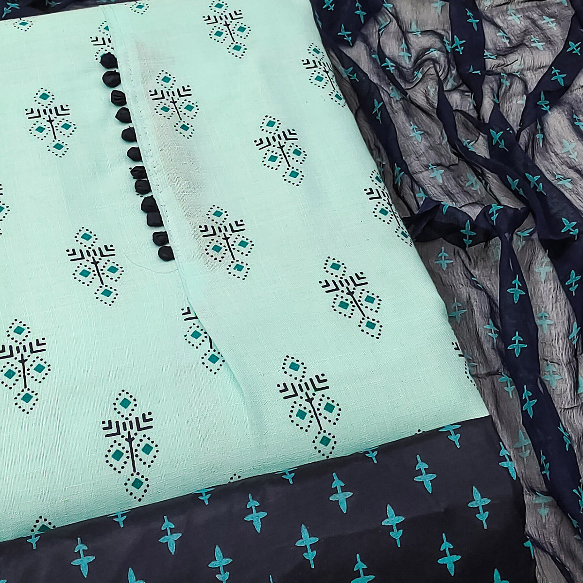 Blue Floral Printed Cotton Blend Dress Material