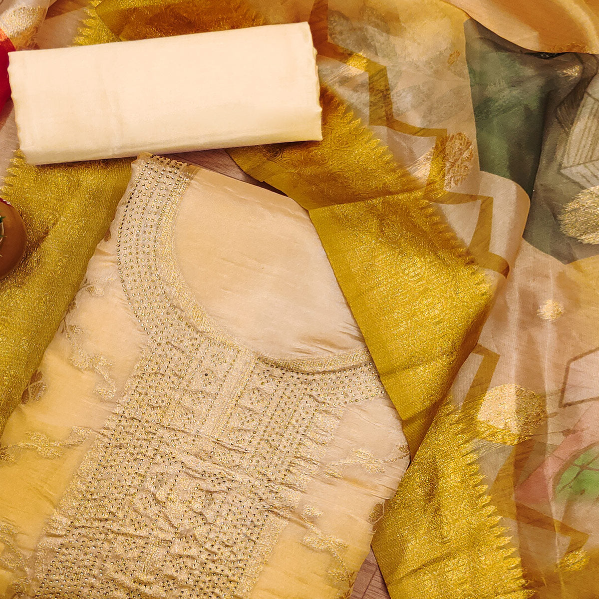 Mustard Woven Work Organza Dress Material