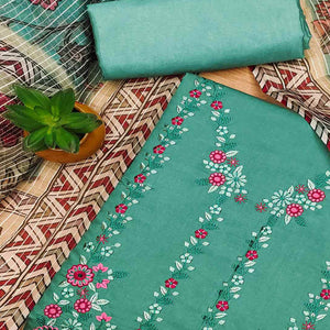 Turquoise Floral Embroidered Chanderi Silk Dress Material