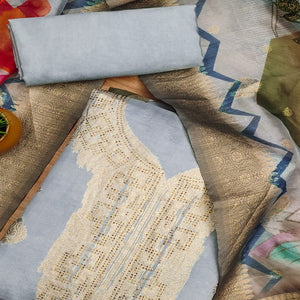 Grey Woven With Digital Printed & Swarovski Organza Dress Material