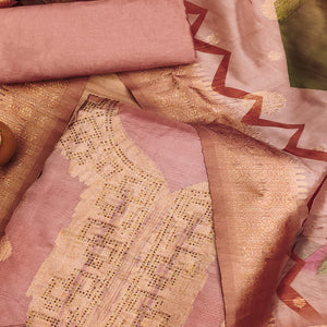 Peach Woven With Digital Printed & Swarovski Organza Dress Material