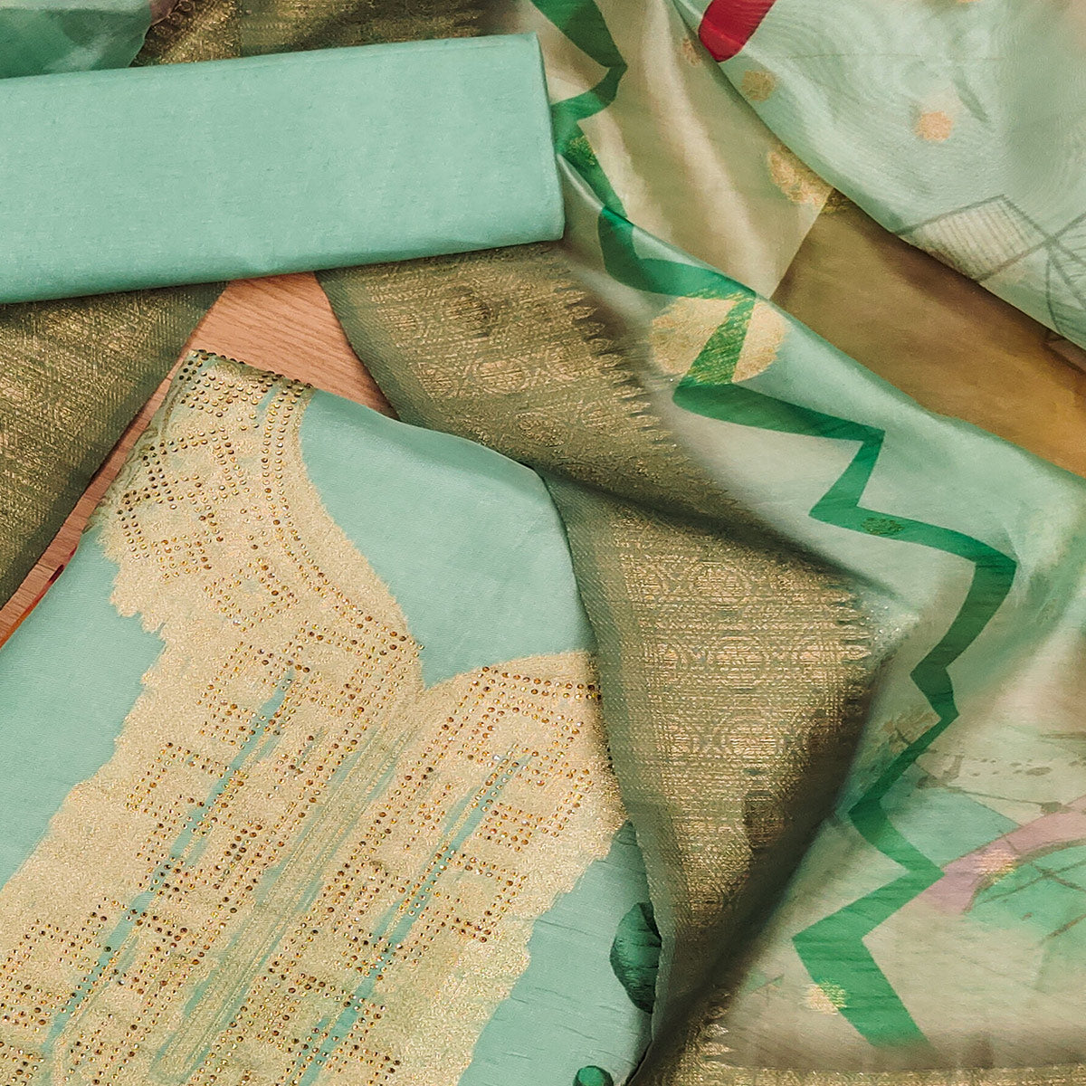 Sea Green Woven With Digital Printed & Swarovski Organza Dress Material