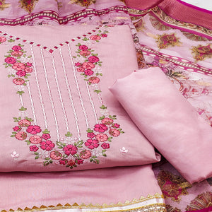 Pink Floral Sequins Embroidered Chanderi Silk Dress Material