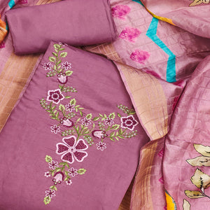 Onion Pink Embroidered Chanderi Silk Dress Material