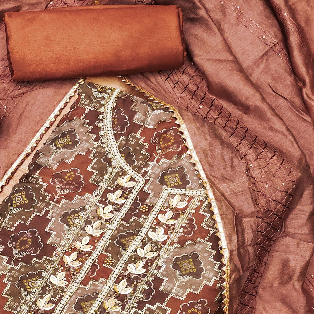 Rust Sequins Embroidered With Printed Organza Dress Material