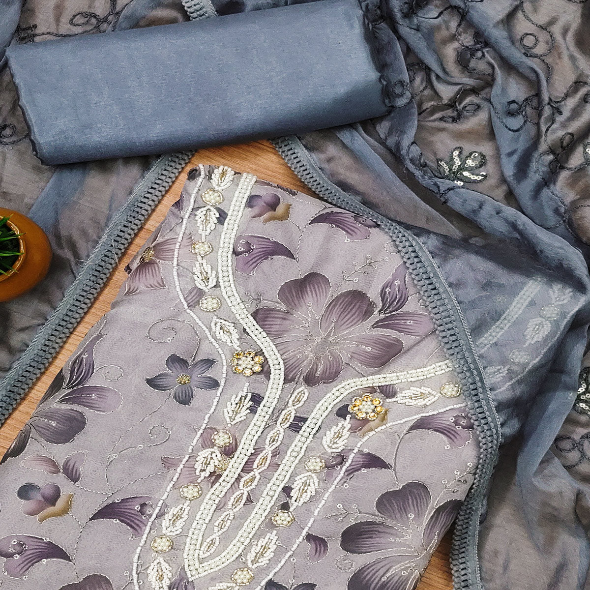 Light Lavender Floral Sequins Embroidered With Printed Organza Dress Material