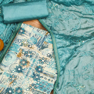 Turquoise Foil Printed Pure Cotton Dress Material