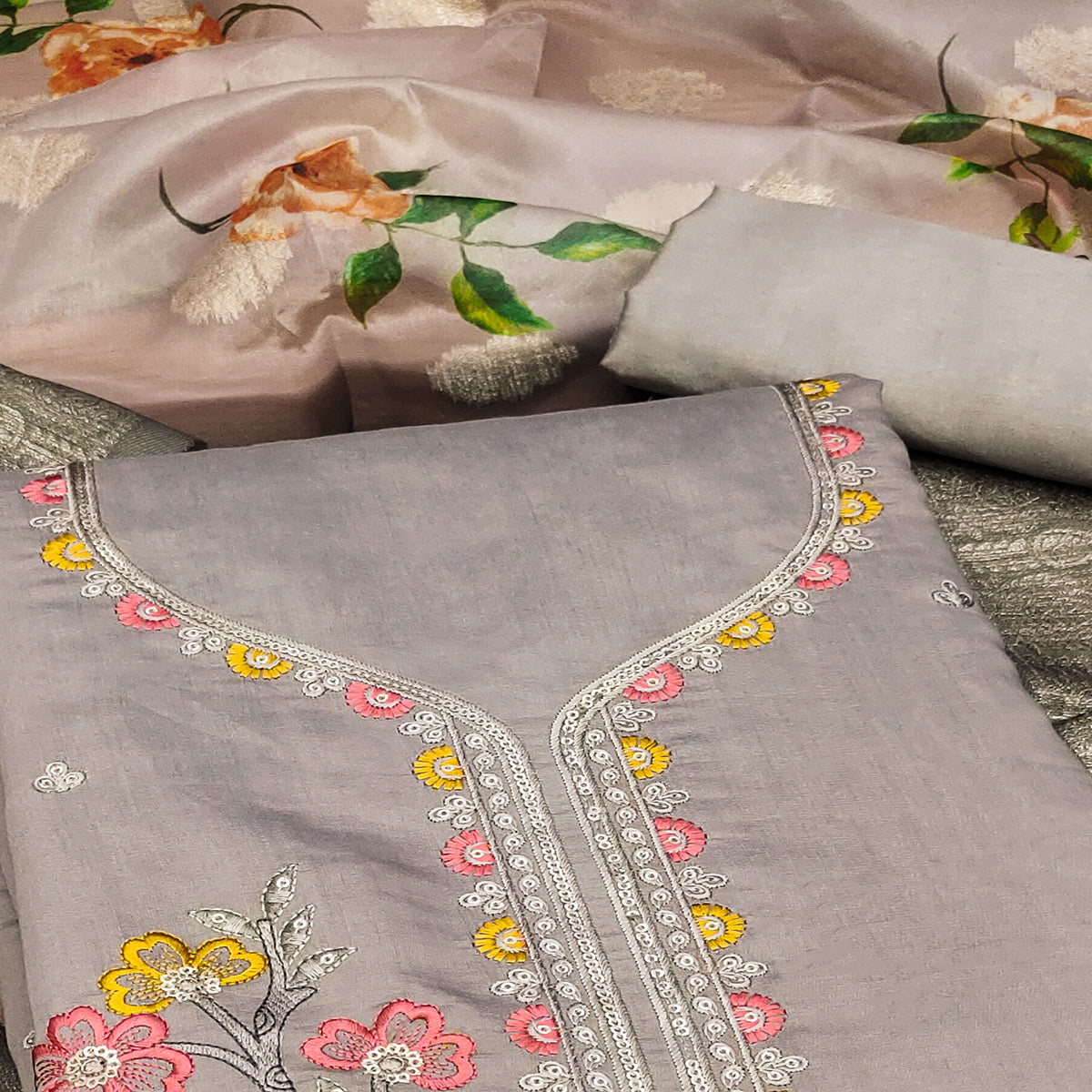 Grey Floral Sequins Embroidered Cotton Roman Silk Dress Material