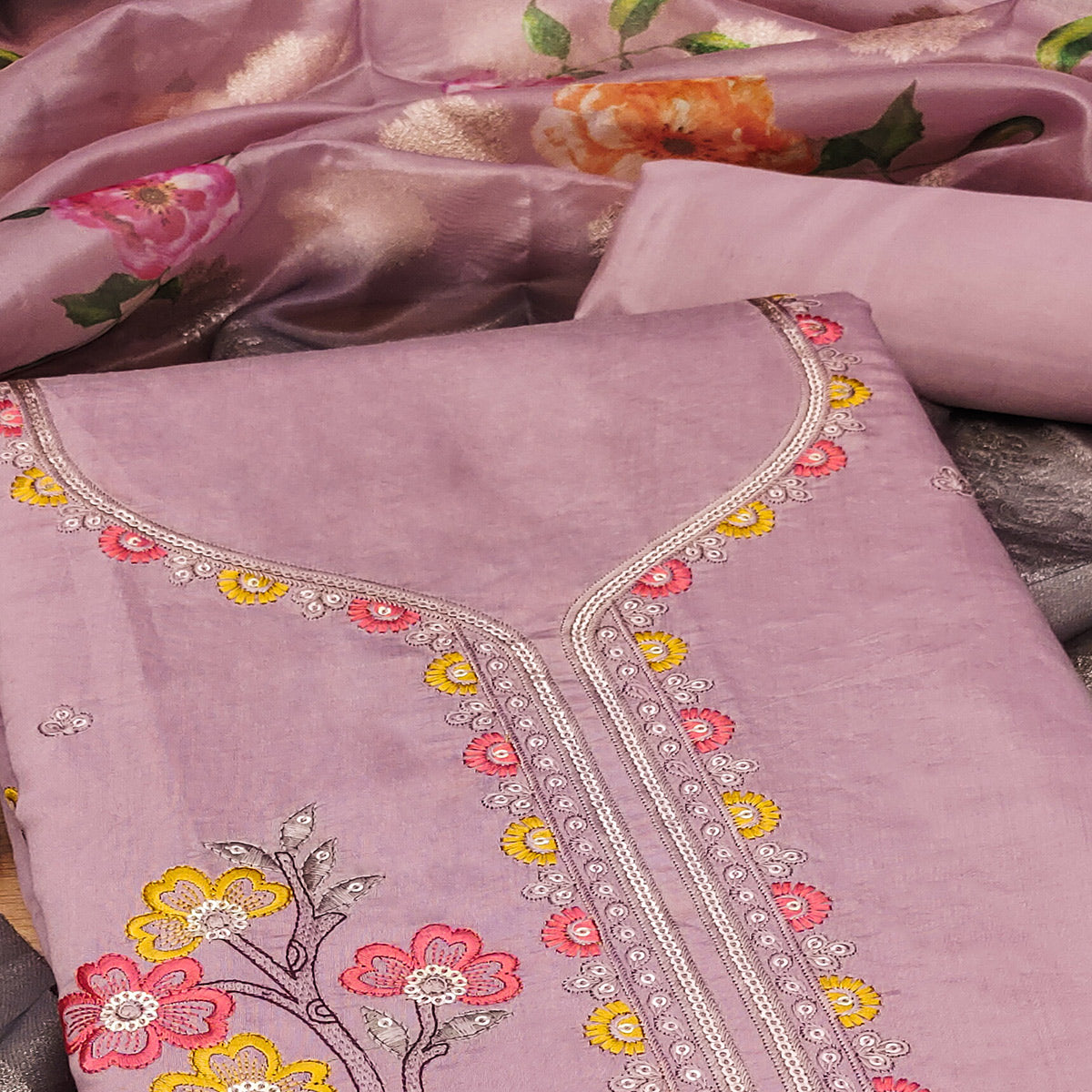 Onion Pink Floral Sequins Embroidered Cotton Roman Silk Dress Material