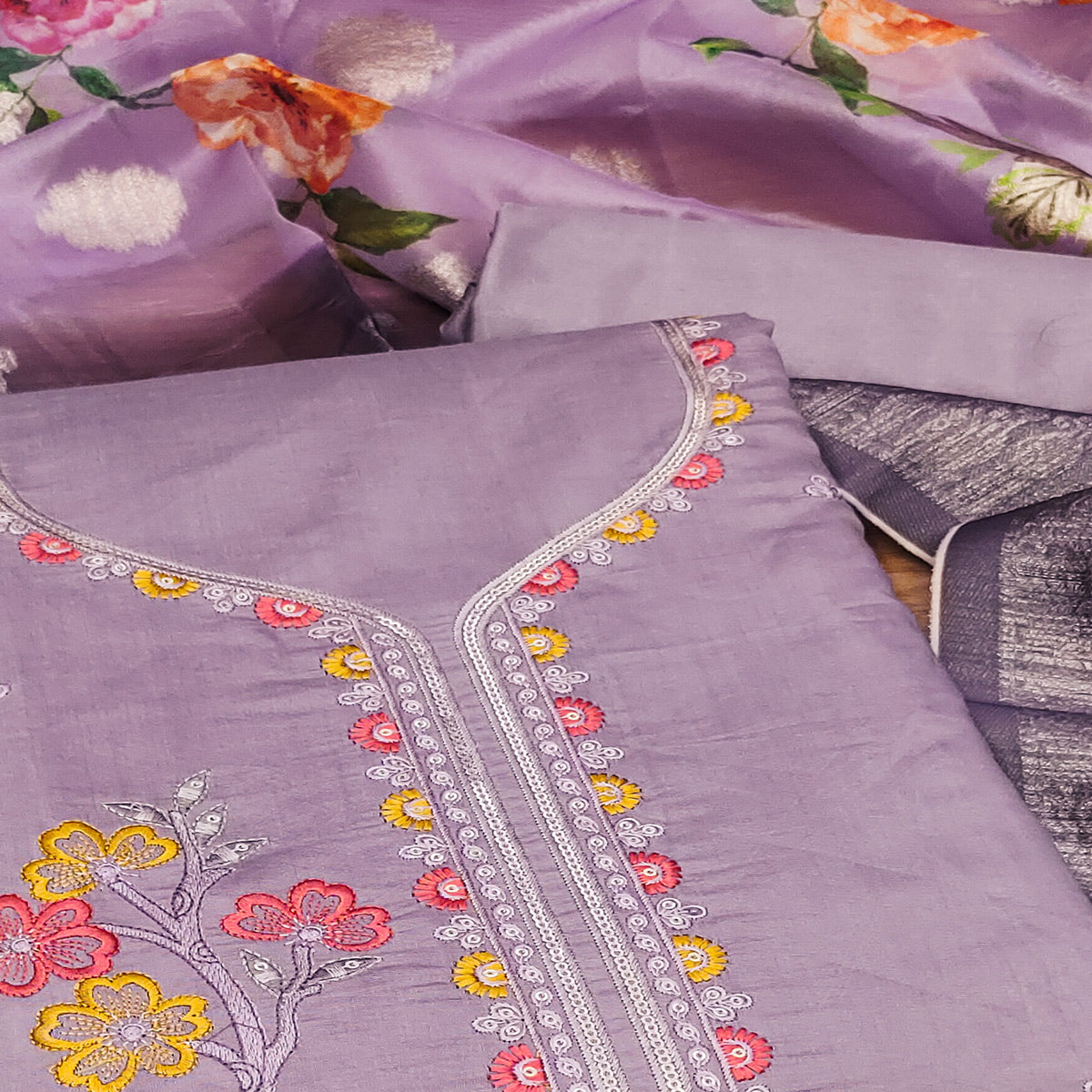 Purple Floral Sequins Embroidered Cotton Roman Silk Dress Material