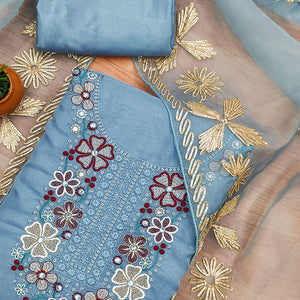 Blue Floral Embroidered Soft Organza Dress Material
