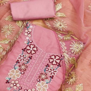 Pink Floral Embroidered Soft Organza Dress Material