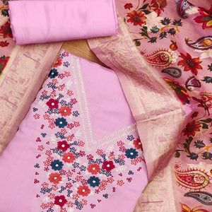 Pink Floral Embroidered Roman Cottom Silk Dress Material