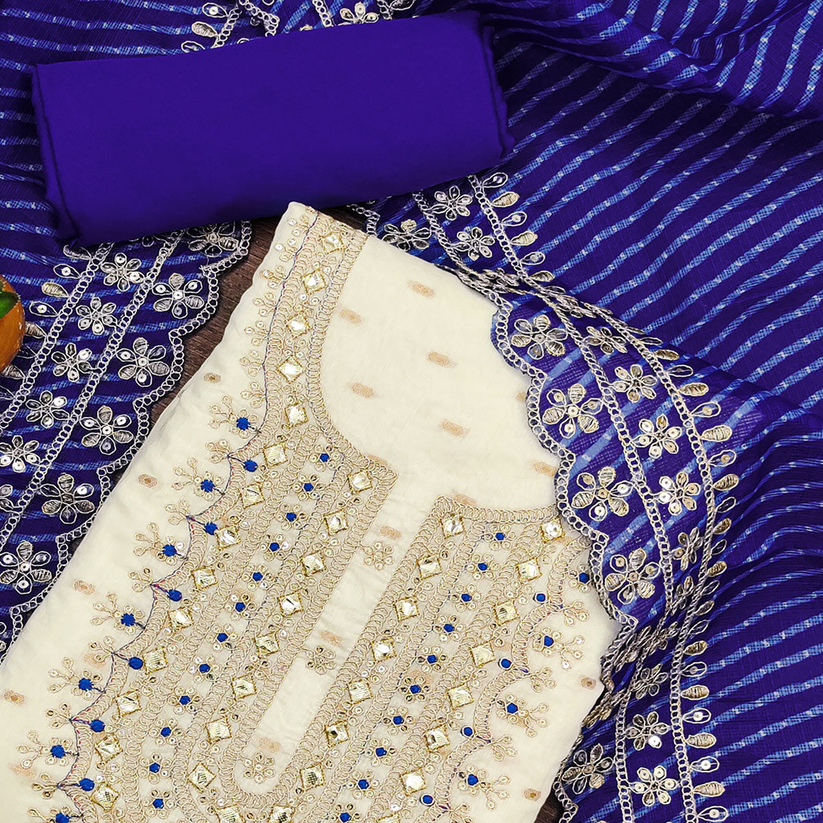 Off White & Blue Embroidered Chanderi Dress Material