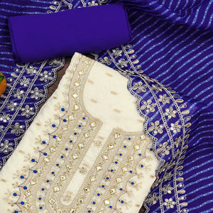 Off White & Blue Embroidered Chanderi Dress Material