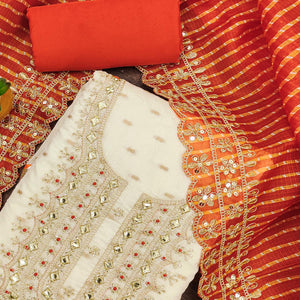 Off White & Orange Embroidered Chanderi Dress Material