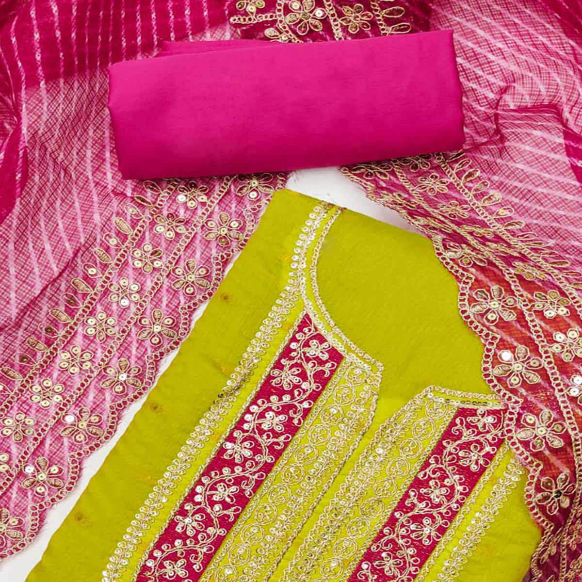 Green Woven With Sequins Embroidery Chanderi Dress Material
