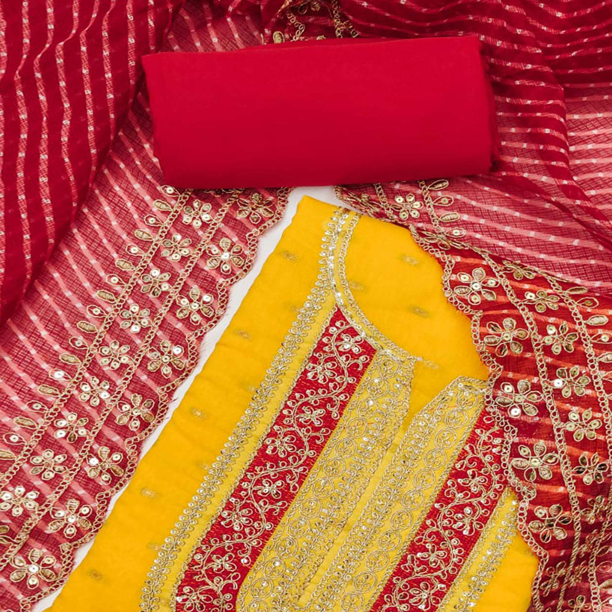 Yellow Woven With Sequins Embroidery Chanderi Dress Material